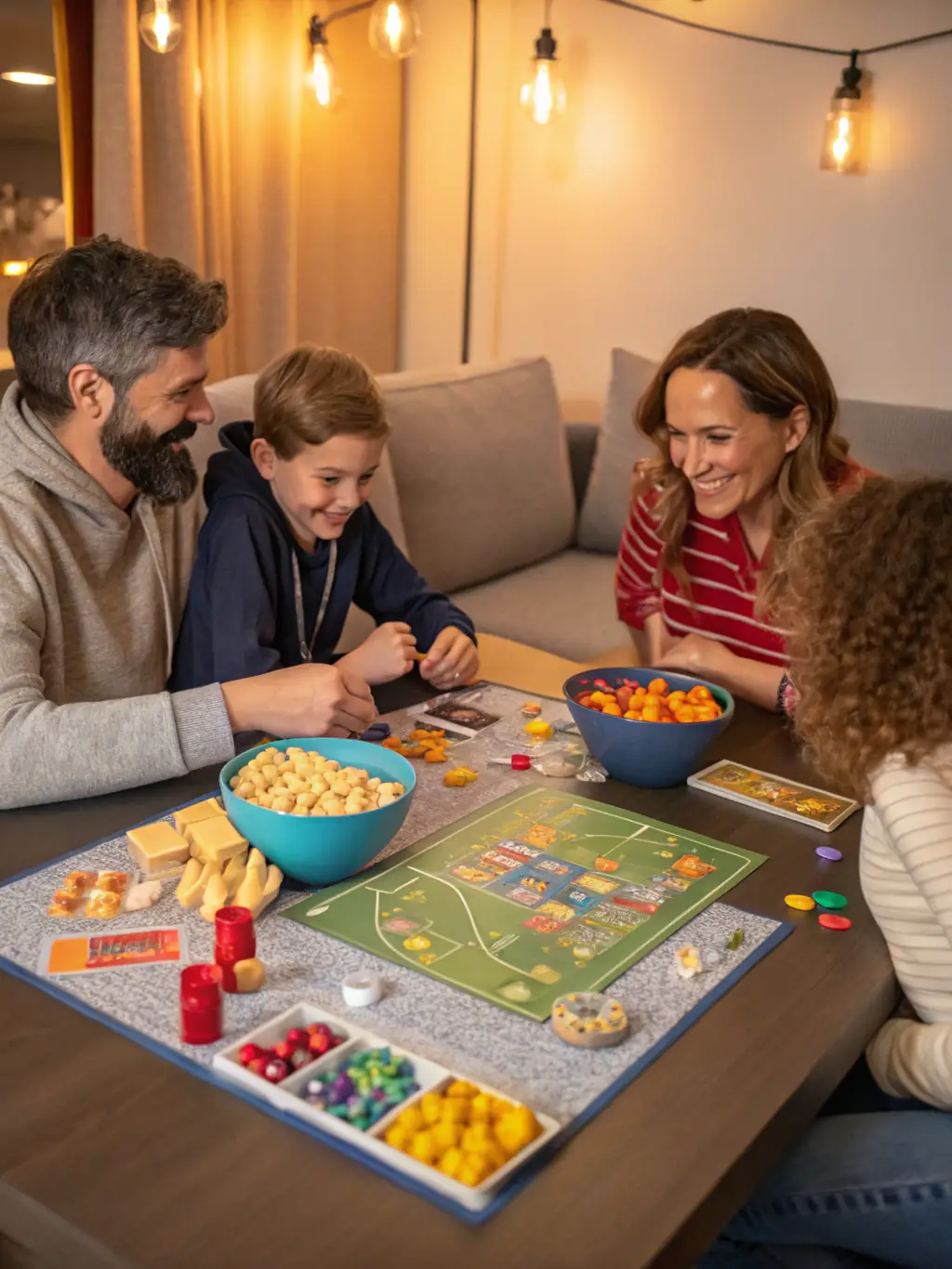 A diverse Canadian family laughing together while playing a board game in their cozy living room, emphasizing quality time and connection.