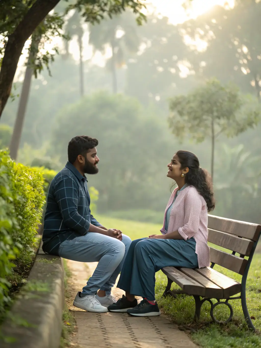 A Canadian couple having an open and honest conversation while sitting on a park bench, showcasing effective communication.